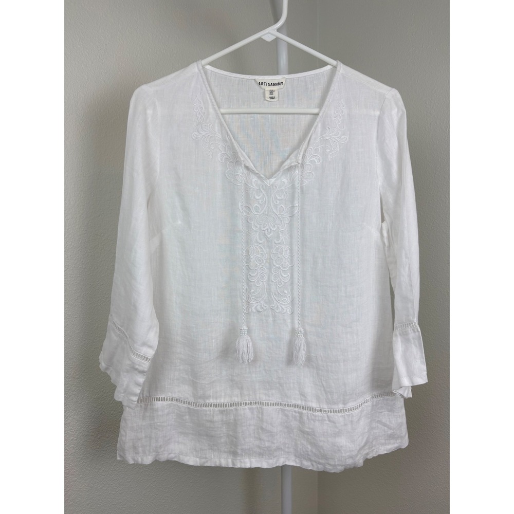 Artisan NY White 100% Linen Embroidered Tassel Tunic Blouse Small